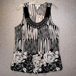 Dress Barn Women's Sleeveless Black And White Roses Jeweled Tank Top Size XL